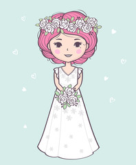 Vector illustration with a beautiful bride in a wedding dress holding bouquet. Cute cartoon bride character
