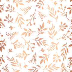 Copper foil florals seamless vector background. Rose gold abstract wildflower grass shapes on white background. Elegant holiday pattern - scrap booking, banner, packaging, wedding, party, invitation