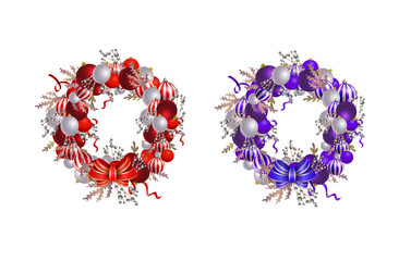 Christmas Wreath with ribbons, balls and bow isolated