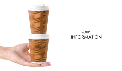 Two cups of coffee with lids in hand pattern on white background isolation