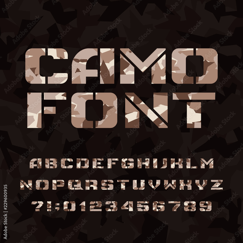 Fototapete camo stencil alphabet font. type letters and numbers on a dark camouflage background. vector typescr