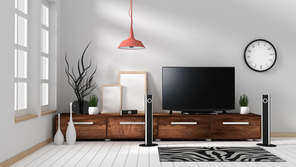 Smart Tv Mockup with blank black screen hanging on the wooden cabinet decor, modern living room zen style. 3d rendering