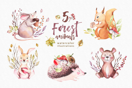 Cute baby animal nursery mouse, rabbit and bear isolated illustration for children. Watercolor boho forest drawing squirrel, watercolour, hedgehog image Perfect for nursery posters, patterns