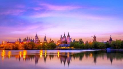 Izmailovo wooden Kremlin in Moscow under sunset sky