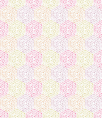 Geometric repeating ornament with colorful hexagonal dotted elements. Geometric modern ornament. Seamless abstract modern pattern