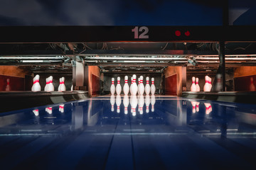 bowling alley. balls and pins.