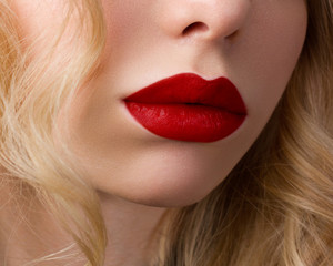 Red Sexy Lips. Open Mouth. Manicure and Makeup. Make up concept.
