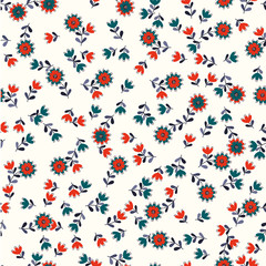Fototapeta na wymiar Amazing seamless floral pattern with bright colorful small flowers. Folk style millefleurs. Elegant template for fashion prints. 