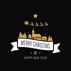 Merry christmas greeting text gold santa sleigh landscape black background