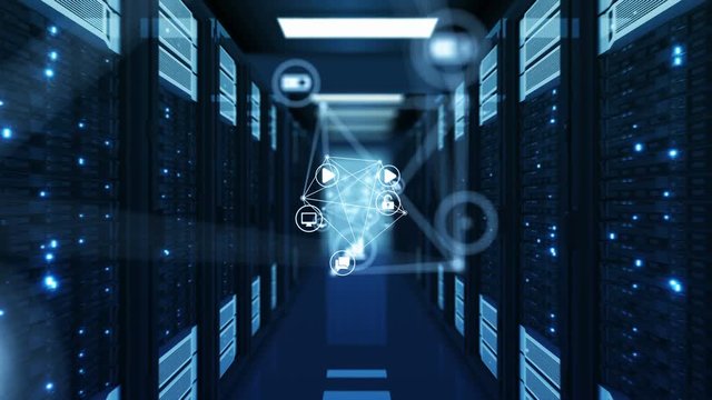 Beautiful Blue Network Icons Flowing in Futuristic Datacenter Room Server Racks Rows. Looped 3d Animation. Digital Media Futuristic Technology Concept. 4k Ultra HD 3840x2160.