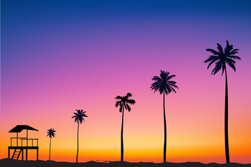 Fototapeta na wymiar horizontal wide blurred pink orange background - sunset sea colors palm tree