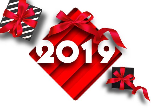 2019 Happy New Year background with red gift bow