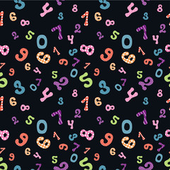 Seamless pattern with hand drawn colorful textured numbers on dark blue background.