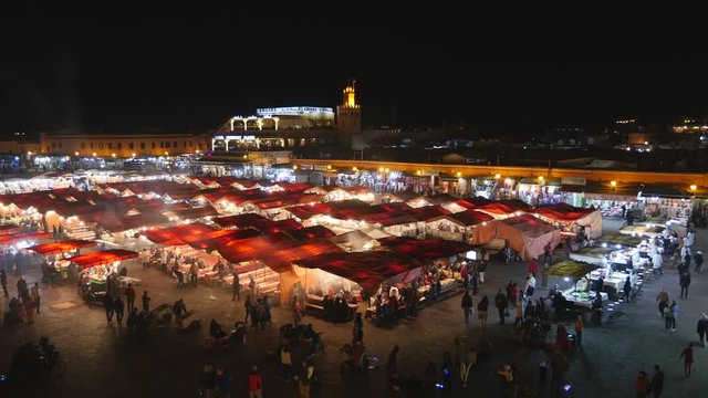 Night life on the famous Jemaa el-Fnaa square and market place in Marrakesh's medina quarter. Morroco