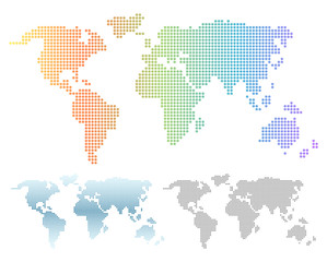 Pixel dots vector world map in color and in grey. Colorful rainbow and blue gradient dotted world map.