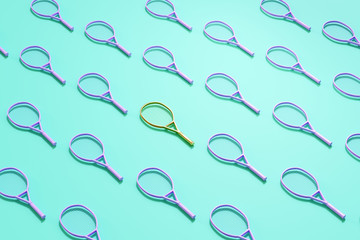 Vivid colorful 3d rendering tennis racket background.There's a golden tennis racket in the middle, the concept of the focal point and focus.