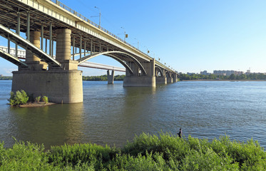 Fototapeta na wymiar View of the bridge and the river Ob summer day in Novosibirsk