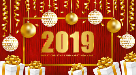 2019 Merry Christmas and Happy New Year card with balls, gifts and serpentine on red knitted background. Vector illustration.