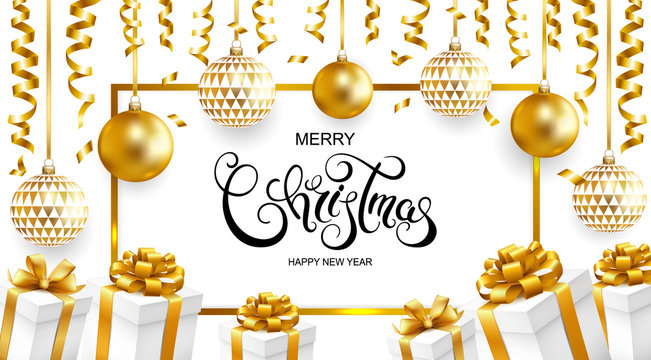 Merry Christmas and Happy New Year card with balls, gifts and serpentine on white background. Vector illustration.