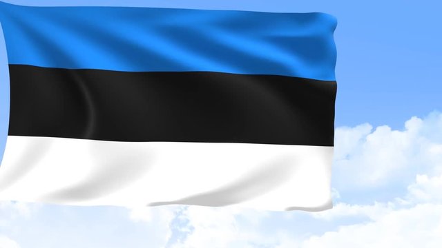 Estonia flag in motion with sky and moving clouds behind. 3D rendering