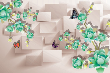 3D illustration, beige background, rectangles, green flowers and butterflies