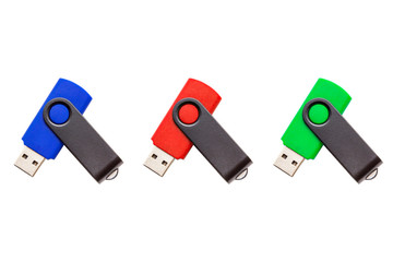 USB flash drive, memory card on white background