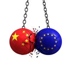 China flag and European union political balls smash into each other. 3D Rendering