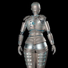 Robot Woman or Female Cyborg back view on black background. 3D render
