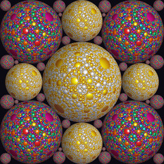 The pattern of metal spheres covered with drops and bubbles.Digital artwork. Fractal graphics.