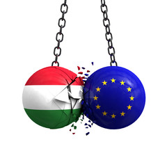 Hungary flag and European union political balls smash into each other. 3D Rendering