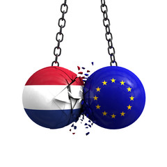 Netherlands flag and European union political balls smash into each other. 3D Rendering