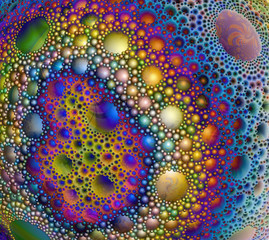 Abstract spherical surface covered with multicolored drops, bubbles and foam. Bright colors and highlights. Digital artwork. Fractal graphics.