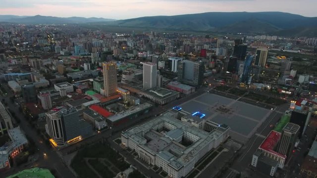 Aerial drone shot of buildings downtown Ulaanbaatar in mongolia