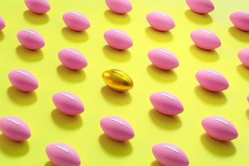 Vivid colorful 3d rendering rugby background.There's a golden rugby in the middle, the concept of the focal point and focus.