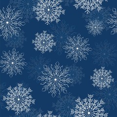 winter seamless pattern with deers, fir and snowflakes on blue background