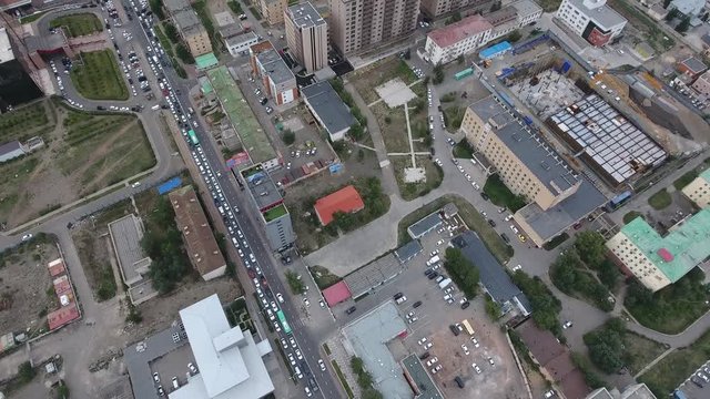 Aerial drone shot over a district in Ulaanbaatar mongolia
