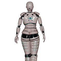 Robot Woman or Female Cyborg back view on white background. 3D render