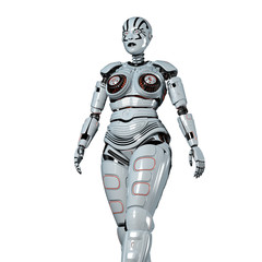 Robot Woman or Female Cyborg walking on white background. 3D render