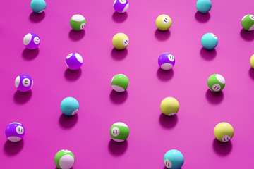 3d rendering vivid billiard table top view balls sport theme.