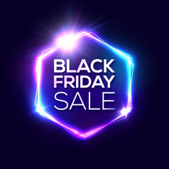 Black Friday design with neon light frame. Hexagon logo. Shapes vector background for November seasonal sale event with glowing text.