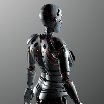 Robot Woman or Female Cyborg on gray background. 3D render