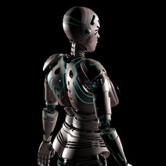 Robot Woman or Female Cyborg on black background. 3D render