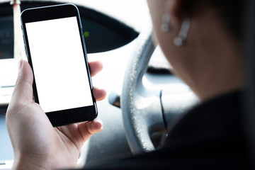 men driver holding mobile phone inside car. using application, map, chat when drive theme