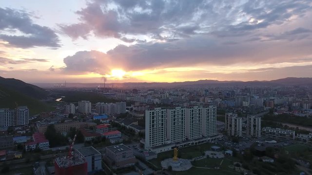 Aerial drone shot during sunset in oulan bator Mongolia. Building and river