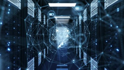 Blue Digital Tunnel Hologram with Network Icons Connections in Data Center Server Racks Room with Net Mesh Grid and Links. Loopable 3d Animation. Futuristic Technology Concept. 4k UHD 3840x2160. - Powered by Adobe