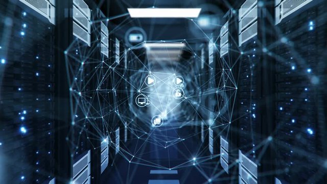 Blue Digital Tunnel Hologram with Network Icons Connections in Data Center Server Racks Room with Net Mesh Grid and Links. Loopable 3d Animation. Futuristic Technology Concept. 4k UHD 3840x2160.