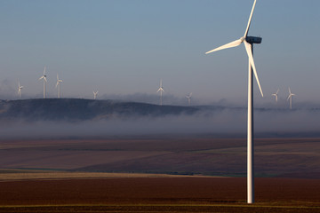 wind turbines at sunset