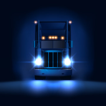 Night large classic big rig semi truck with headlights and dry van semi riding on the dark night background front view, vector illustration