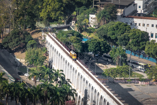 Aerial view of Arcos da Lapa Arches and Santa Teresa Tram - Rio de Janeiro, Brazil