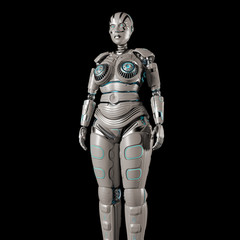 Robot Woman or Female Cyborg on black background. 3D render